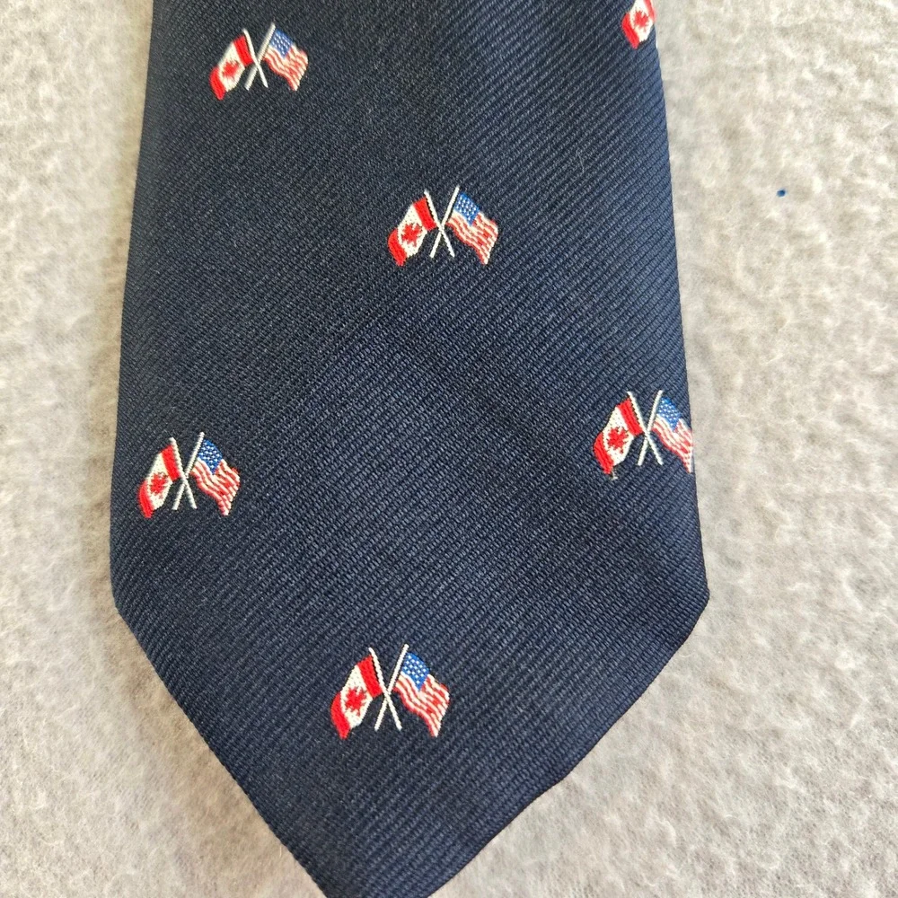 Ely Ties Necktie Mens OS Navy Blue USA Canada Crossed Flags Patriotic Polyester